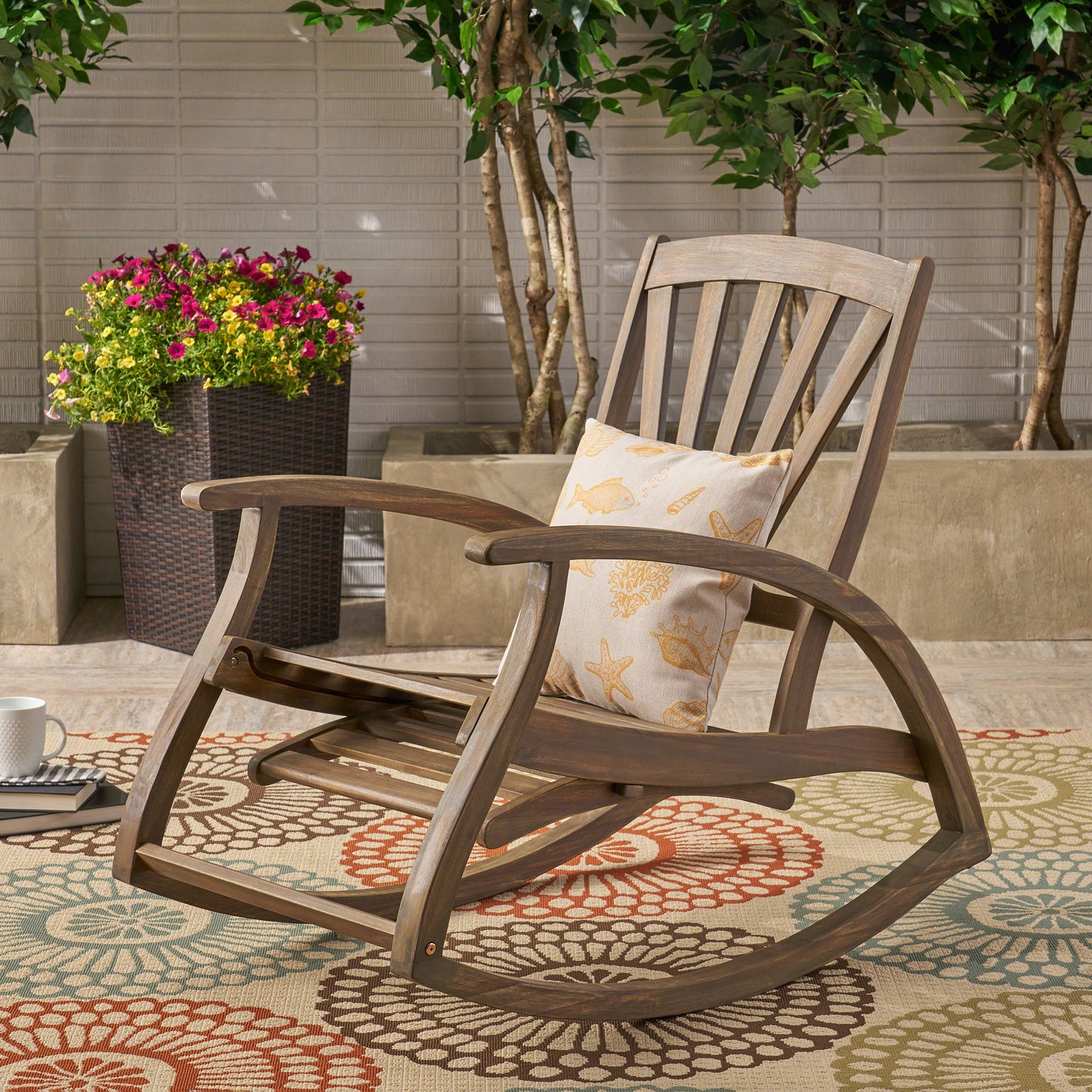 Outdoor Acacia wood Rocking Chair with Retractable foot panel,Rocker Patio Rocking Chair for Porch, Patio, Balcony,