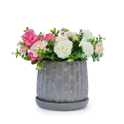 Set of 2) Antique Grey Ceramic Flowerpot, 7 in. Modern Planter for Patio, Garden, Windowsill