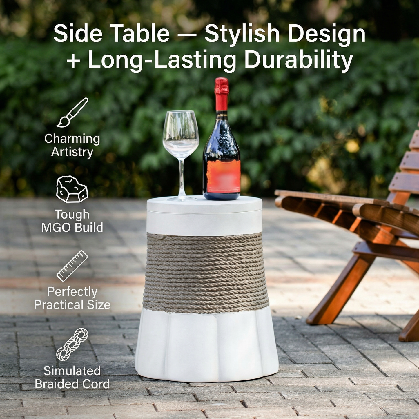 Outdoor Light Gray & Brown Retro Woven Rope & Fan-Base MGO Side Table – End Table for Home, Office, Living Room & Outdoor