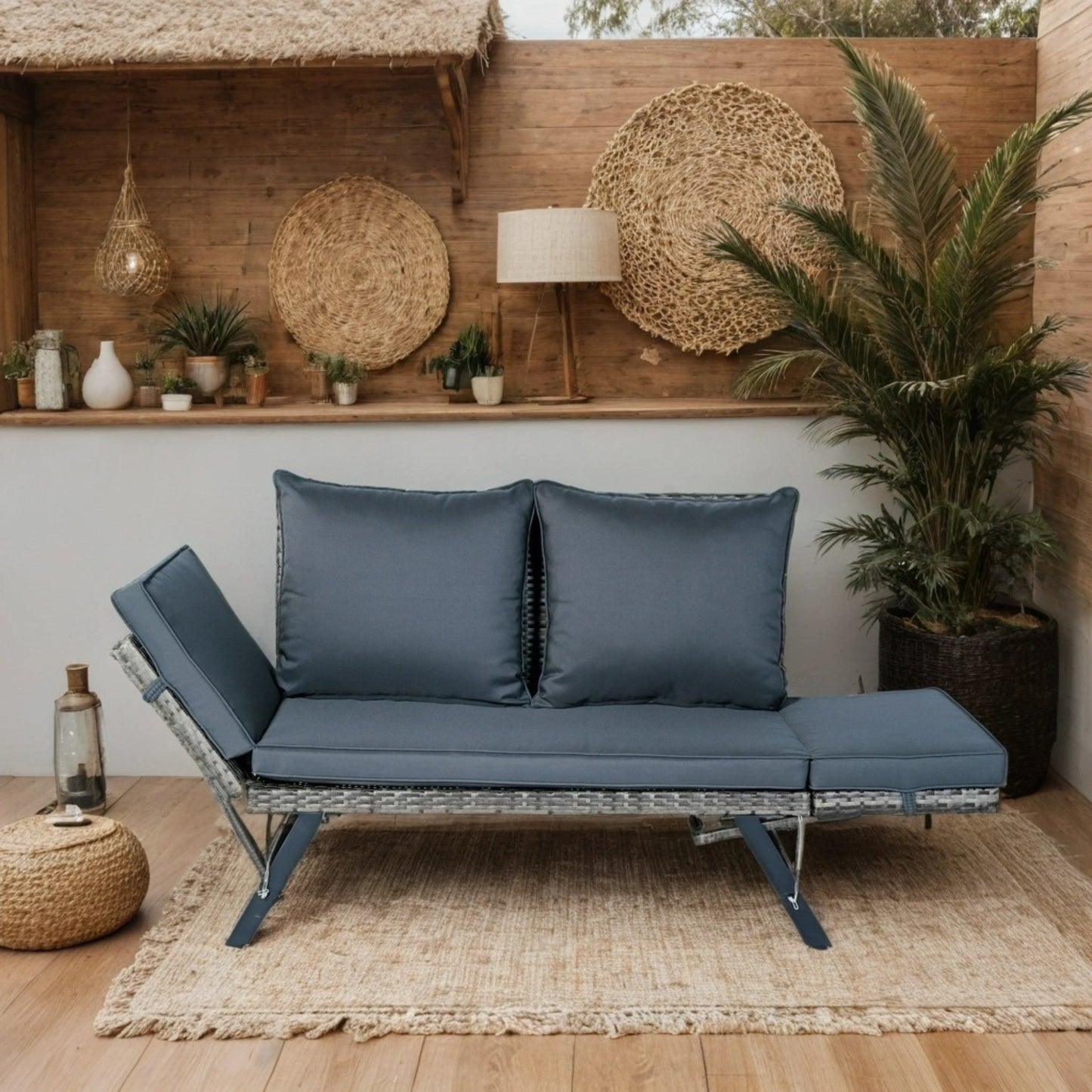 1 PCS Patio Wicker Side Foldable Bench Patio Backyard Conversation Bench Grey Wicker + Dark Grey Cushion