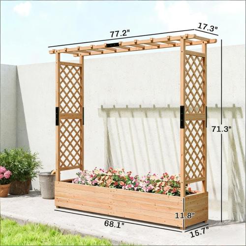 44 .1 in. x 70.9 in. Brown Wood Garden Trellis with Wood Planter Box, Drainage Hole and Fabric Filter