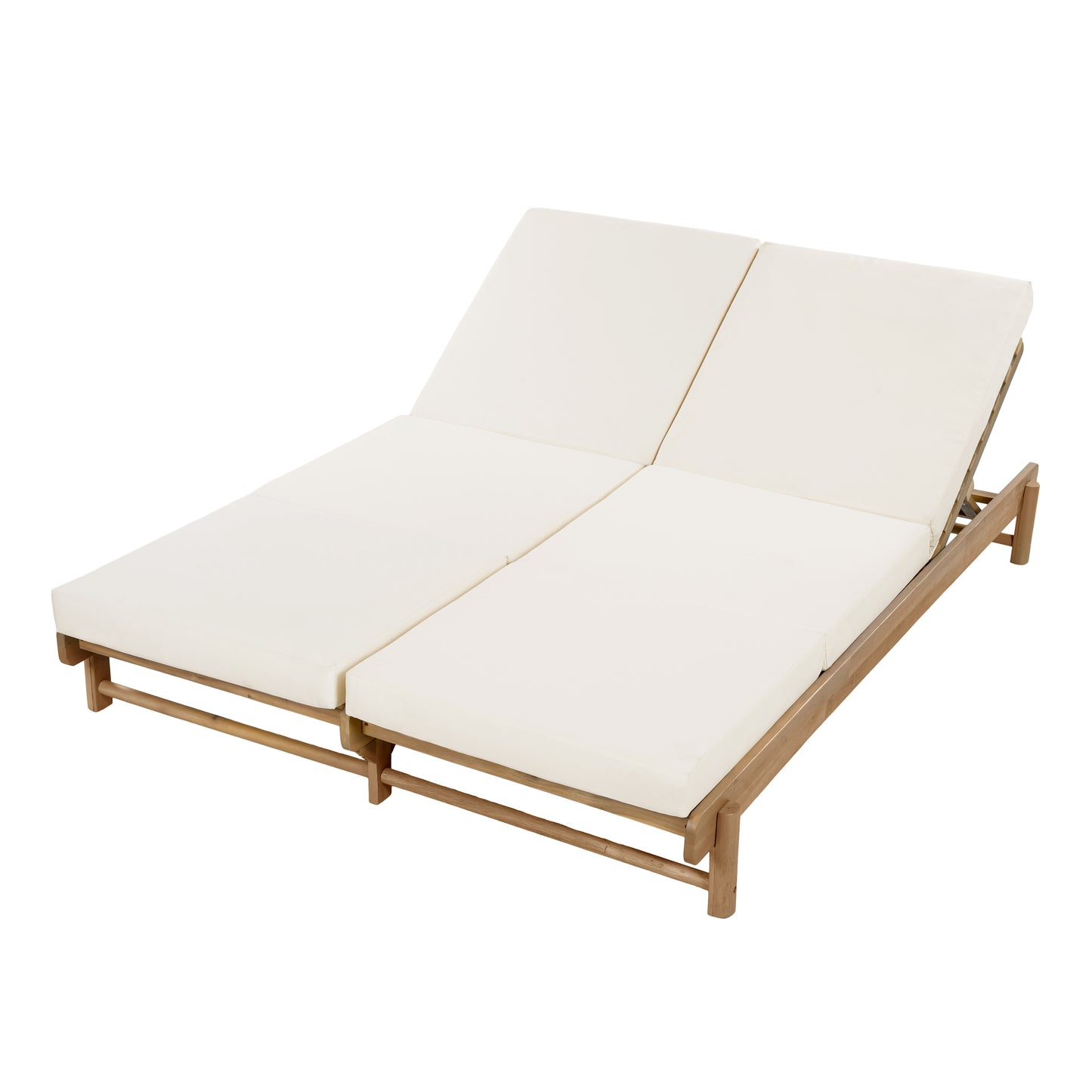 Light Teak Acacia Wood Double Chaise Lounger Set: 1 Frame + 2 Cream Cushions, 800 lbs Capacity, 3-Position Adjustable Backrest, 4" Thick 3-Fold Water-Resistant Cushions for Patio Poolside Backyard
