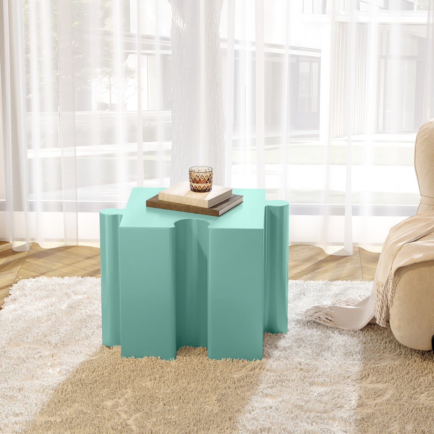 3-Piece Artistic Puzzle Table Set,Modular MGO Side Tables with Interlocking Design (2 Convex & 1 Concave), 200lb Capacity for Indoor & Outdoor, Light Green Color