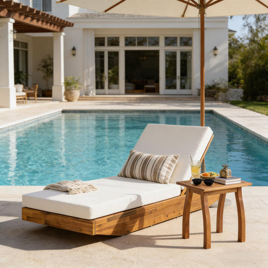 Acacia Wood Chaise Lounge with Cushion - Teak Finish Outdoor Recliner with  Cream Water-Repellent Cushion, 79.6" L x 29" W, 300 lbs