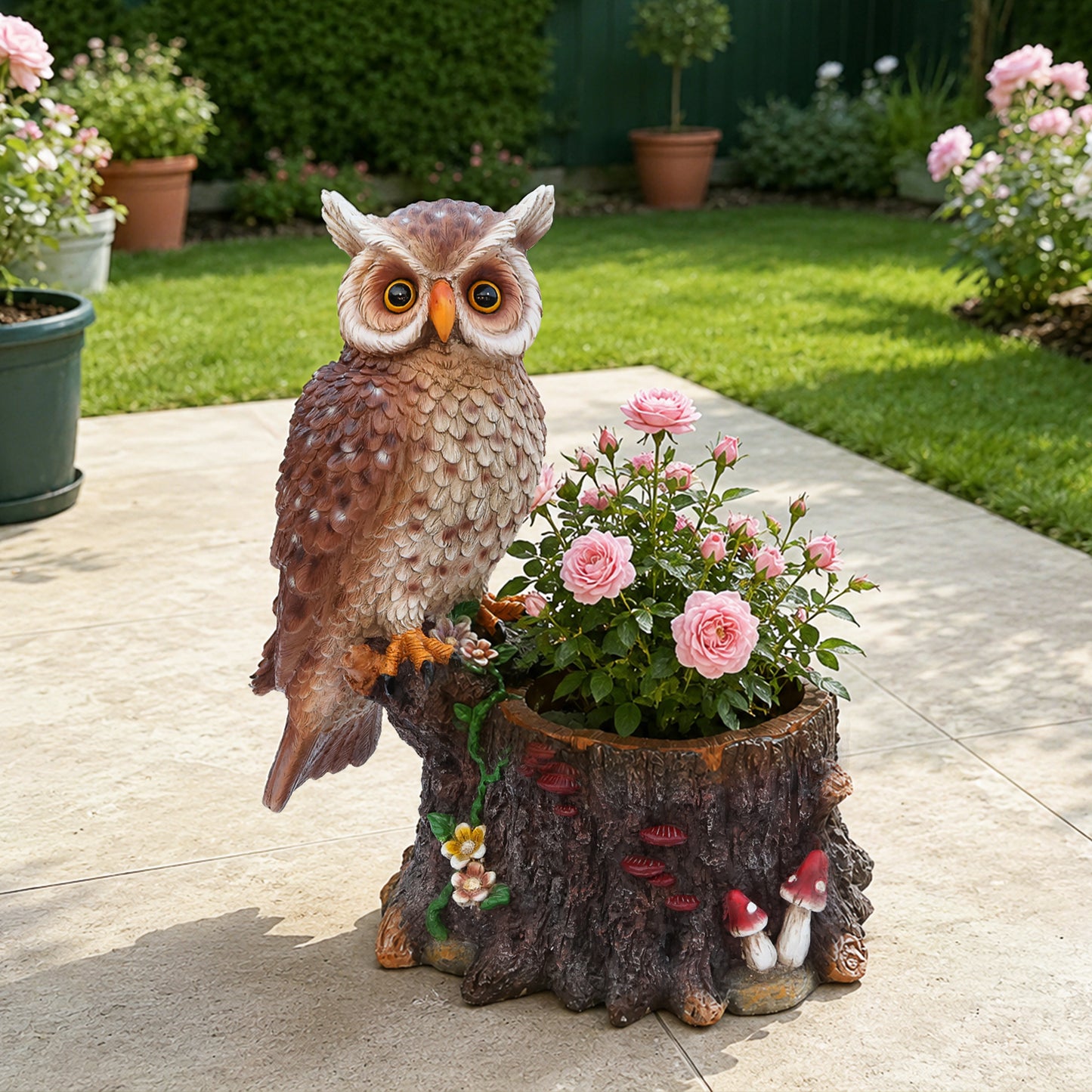 Sitting Owl with Tree Trunk Garden Planter - Rustic Polyresin Owl Figurine and Flower Pot Combo for Outdoor & Indoor Decor