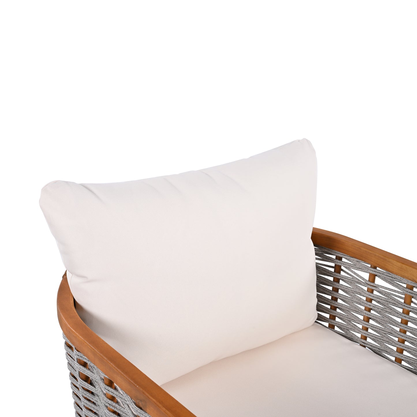 2 Pieces Outdoor Unique Tub Design Armchair with Woven Rope, Patio Furniture Acacia Wood Chair, Deep Seating with Soft Cushions for Porch, Garden, Backyard, Balcony, Teak Finish & Beige Cushion