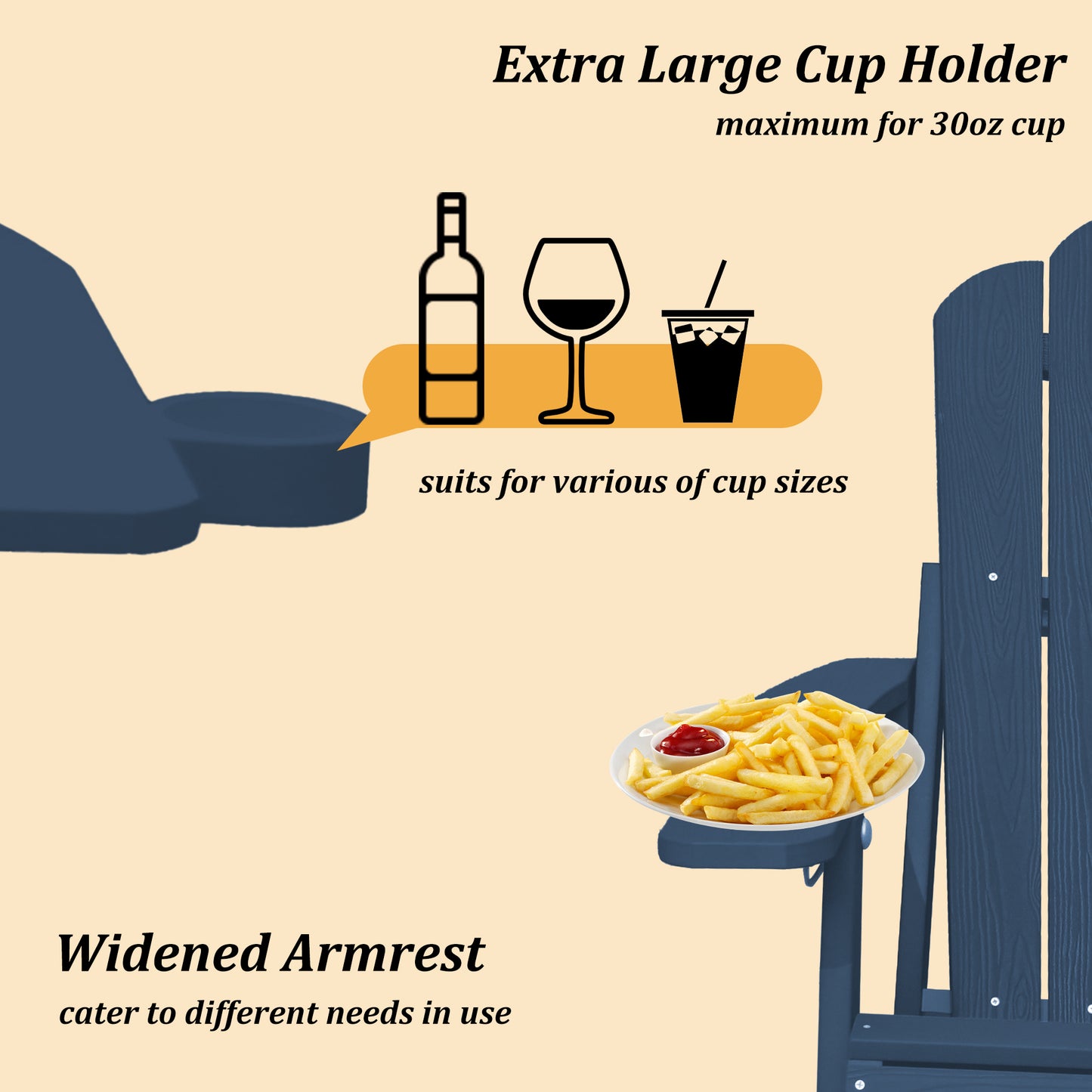 Adjustable Adirondack Chair with Cup Holder, All Weather Chair for Deck(Blue)