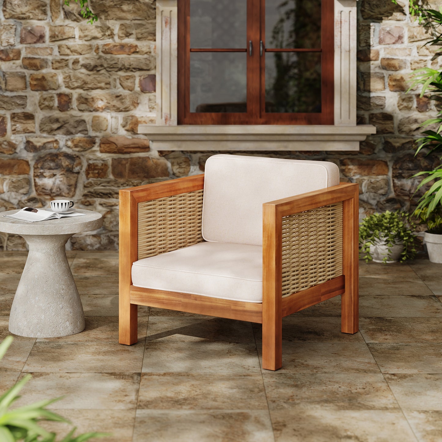Acacia Wood Outdoor Club Chair with Wicker Armrest and Beige Cushions,400 lbs Capacity
