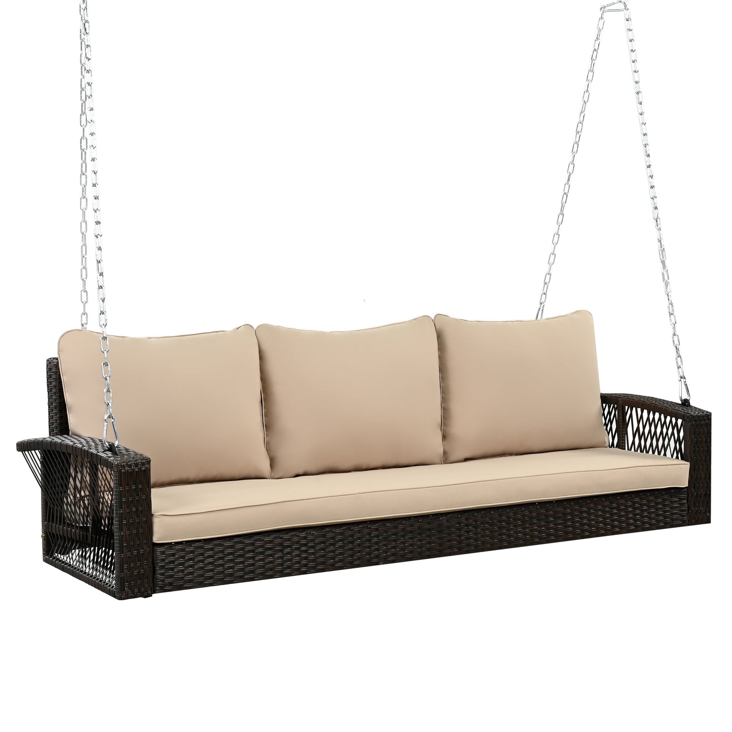 GO 69" PE Wicker 3-Person Porch Swing with Chains, Large Patio Swing Bench with Cushions for Backyard, Garden, and Poolside, Brown