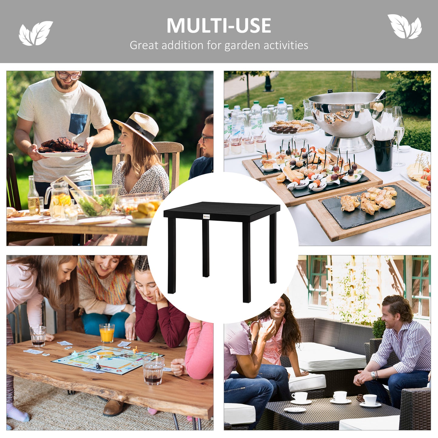 Outsunny Outdoor Dining Table for 4 Person, Square, Aluminum Metal Legs for Garden, Lawn, Patio, Woodgrain Black