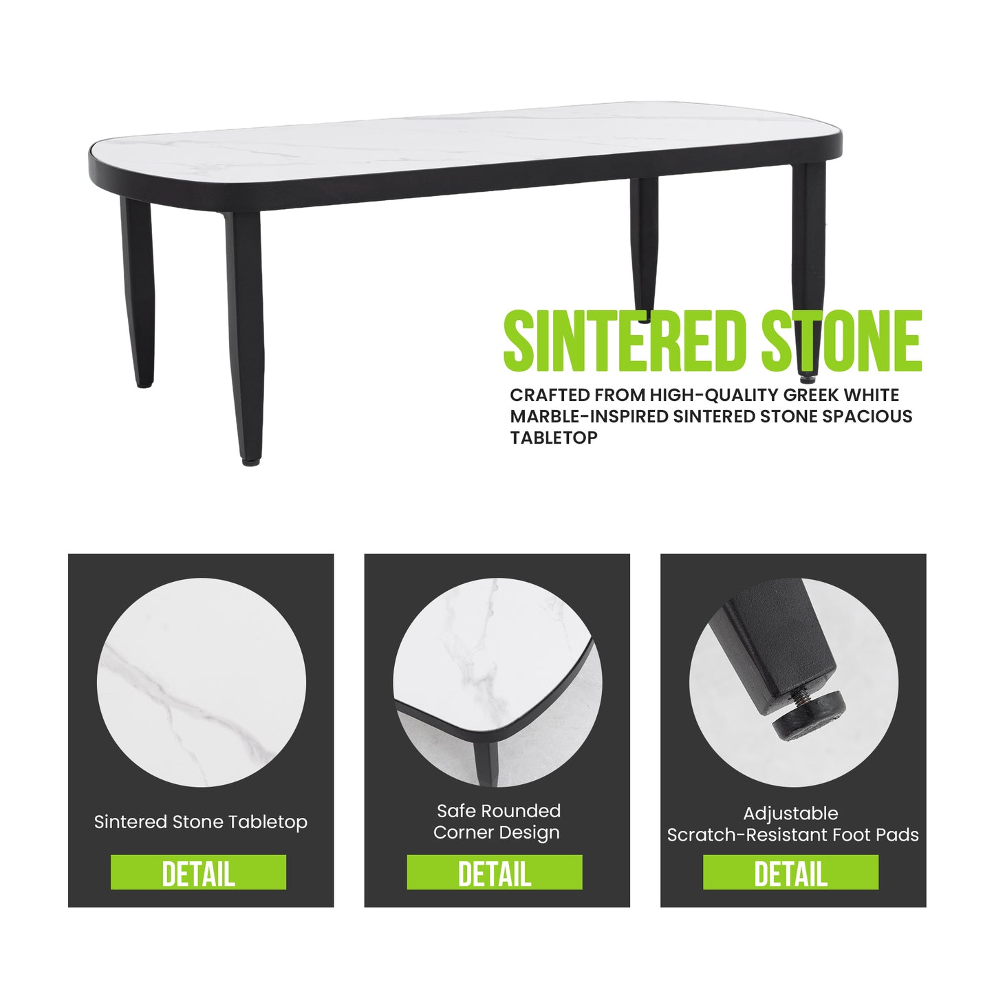 Modern Outdoor Elegance Arc 47.2''X23.6''Coffee Table with Greek White Marble-Inspired Sintered Stone Top,Aluminum Frame,Ember Black Finish,Post Tapered Legs & Rounded Corners,Weatherproof & Rust-Free