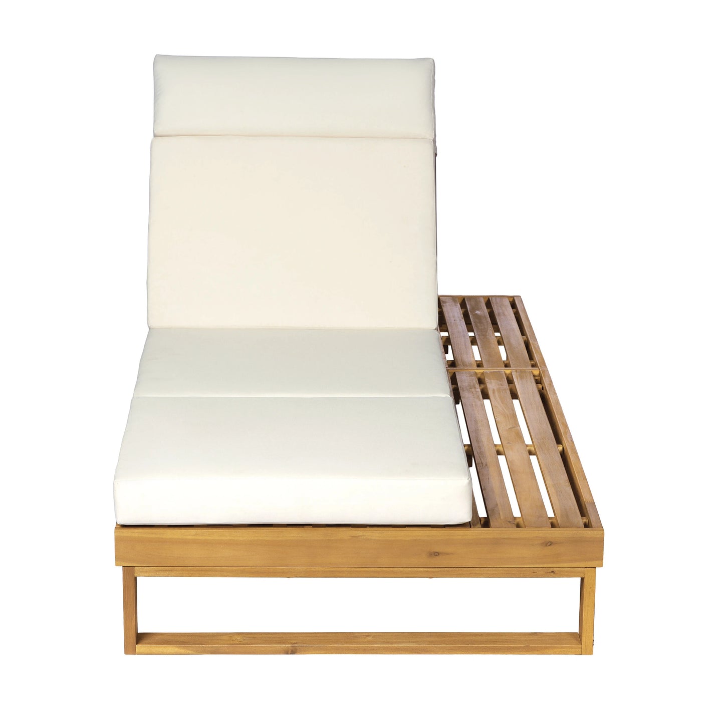 Teak Finish Acacia Wood Chaise Lounge with 4-Inch Beige 4-Fold Cushion Set, Adjustable Outdoor Patio Lounger with Flat Side Surface, for Poolside- Matching cream,dark gray version available