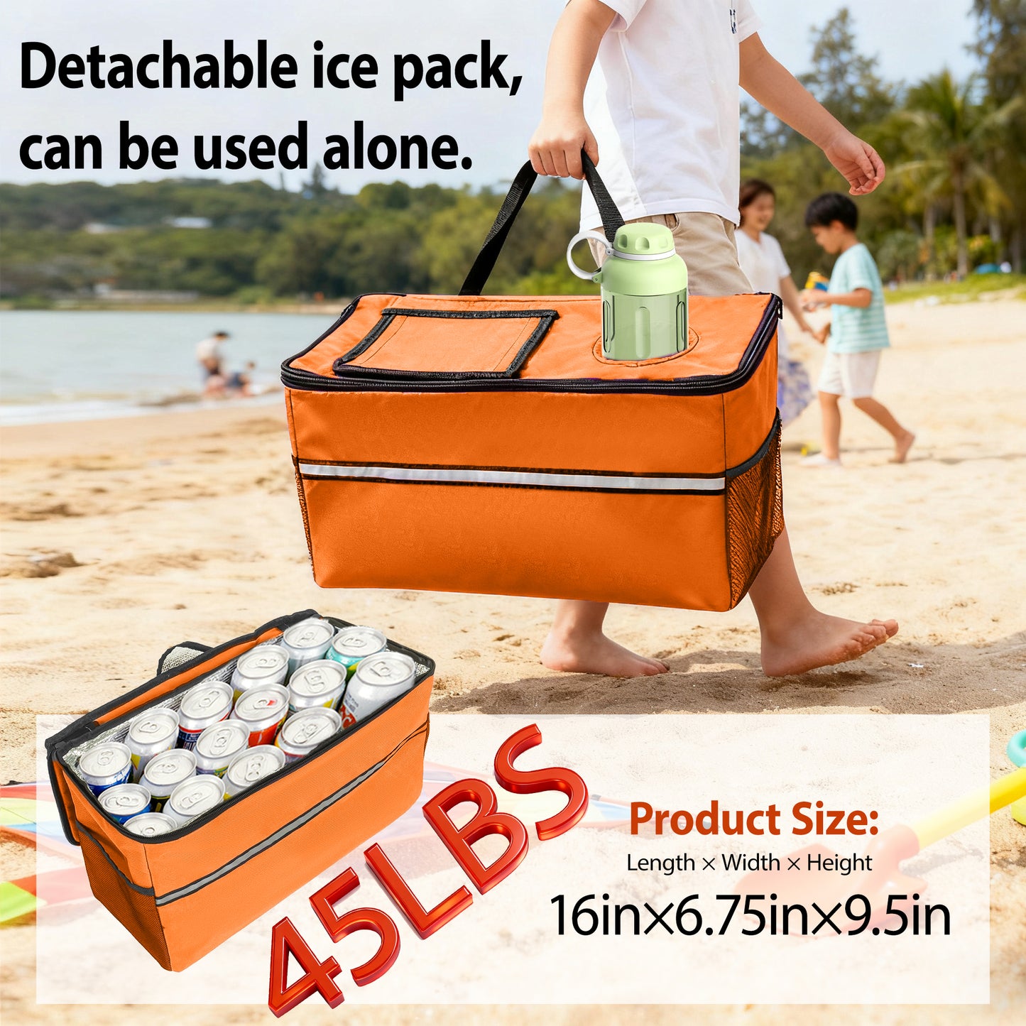 3-in-1 Folding Wagon with Bench Seat – patent protection, Includes 1 ice pack, 500lbs Capacity, 9"x4" Beach Tires for Camping & Beach, orange