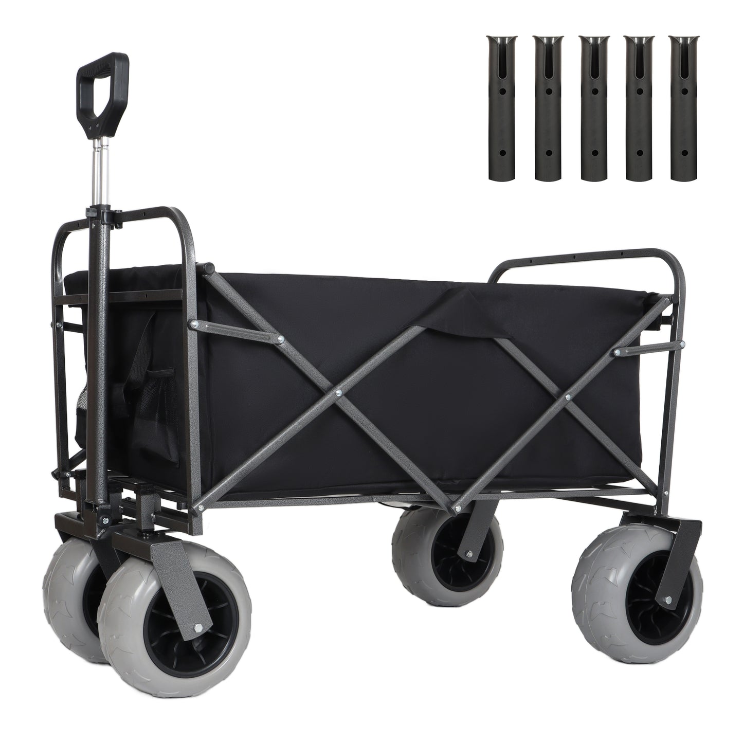 Fishing Cart with Rod Holders,Beach Wagon with Big Wheels for Sand 500lbs Capacity - All Terrain Steel Frame Utility Cart with 9" Pneumatic Tires,Strap with multiuse Bag,Black