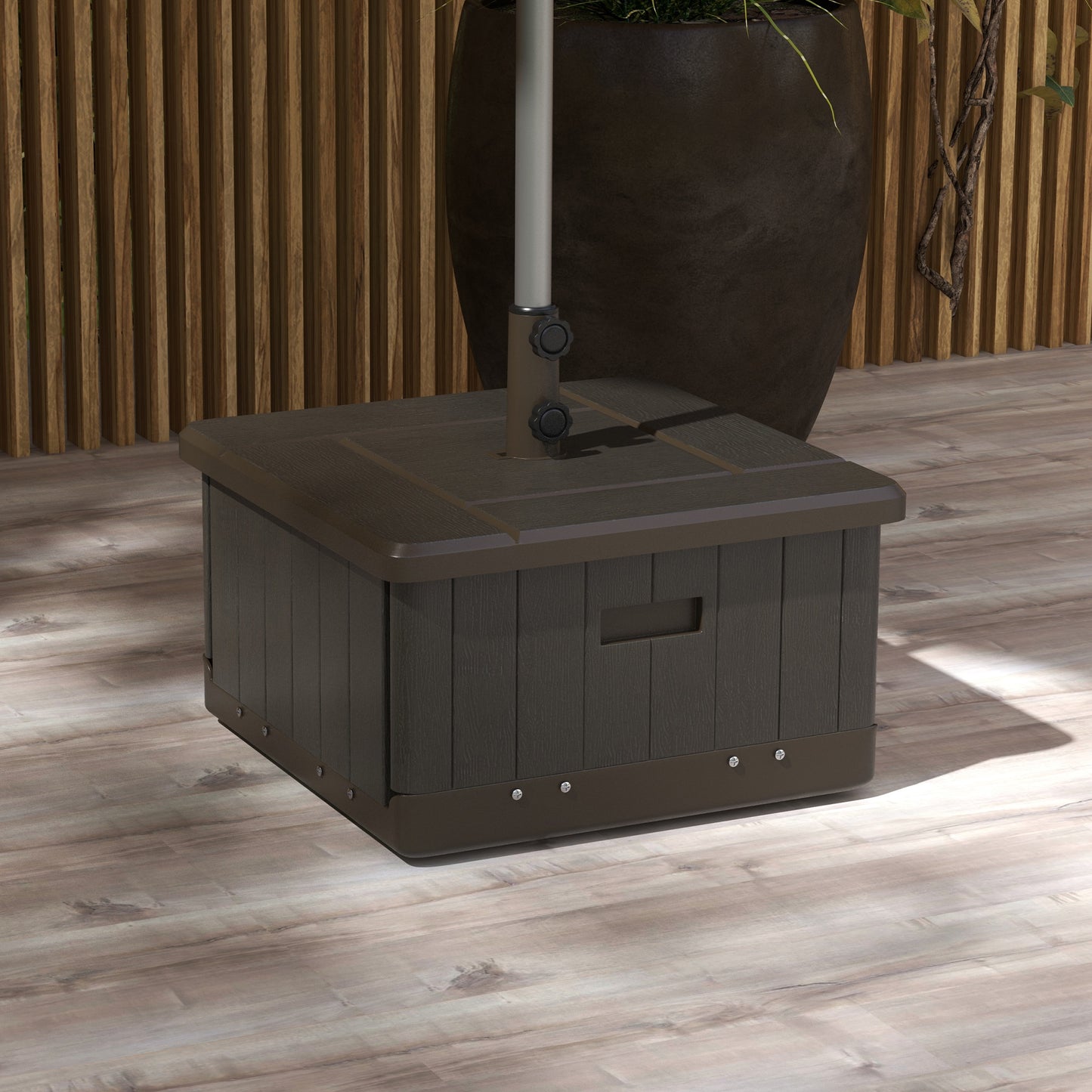 Outsunny 3-in-1 Outdoor Umbrella Base, Coffee End Table, Flower Box Planter with Drain Hole, 175 lbs. Capacity Fillable Patio Umbrella Stand Table with Wheels and Handles, Brown