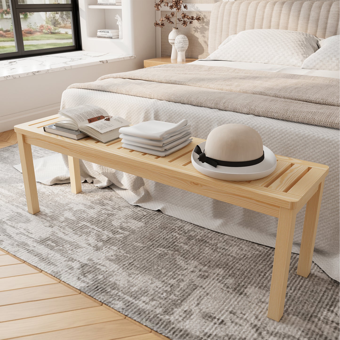 52.1" Outdoor Solid Wood Knot-Free Pine Backless Dining Swimming Pool Beach Bench with Slatted Seat – Modern Bench, Perfect for Patio, Backyard, Entryway, Hallway, Living Room, Bedroom, Front Door