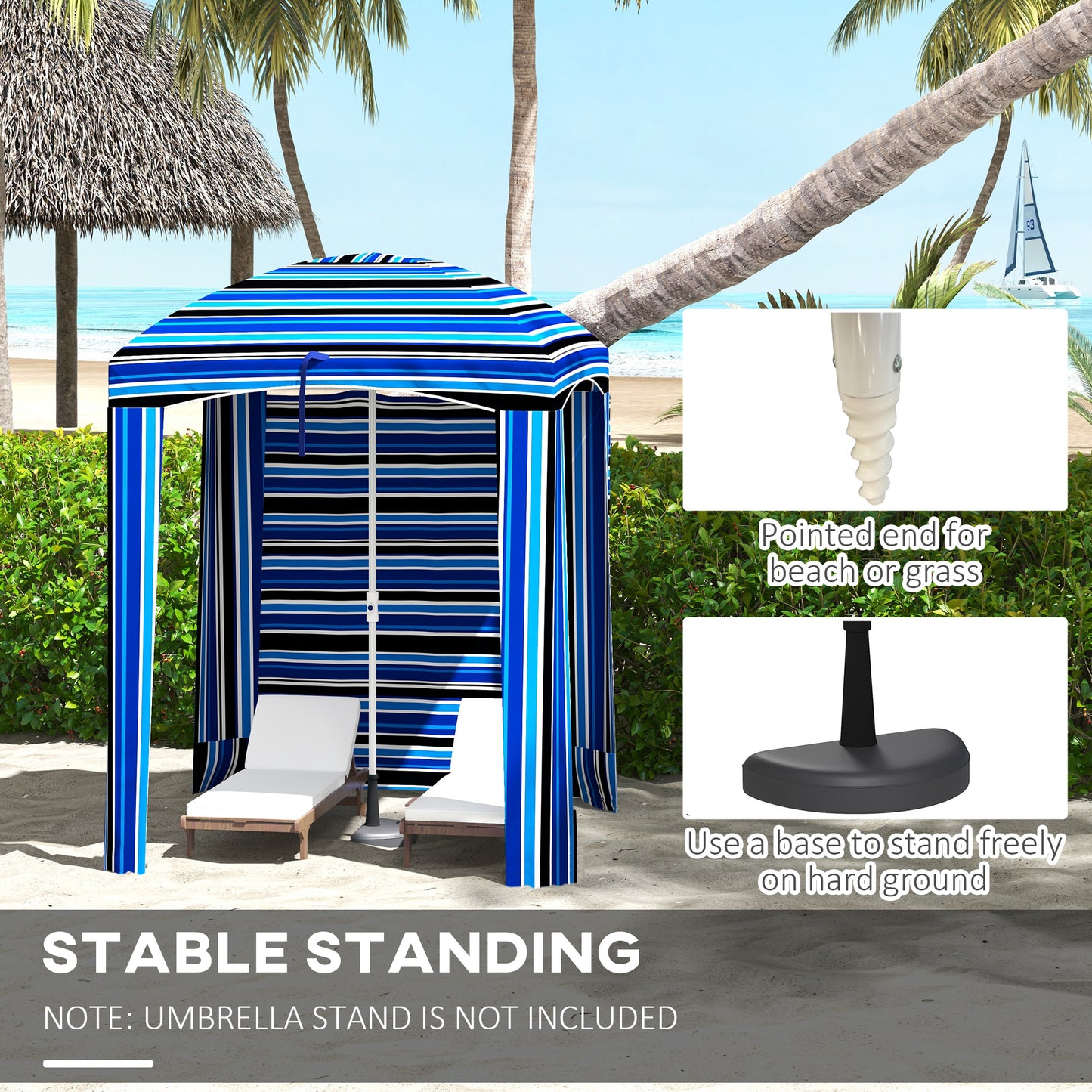Outsunny 5.9' x 5.9' Portable Beach Umbrella, Ruffled Outdoor Cabana with Walls, Vents, Sandbags, Carry Bag, Blue Stripe