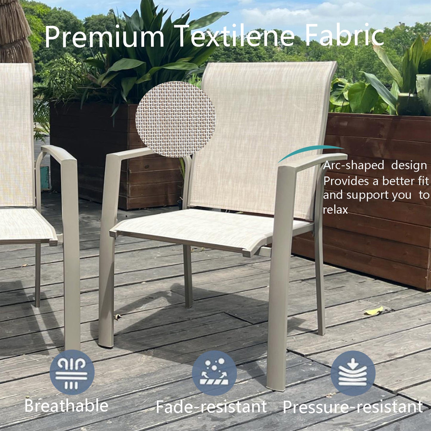 VRSHWO Garden Patio Chairs Set of 2, Weather Metal Outdoor Dining Chairs , Garden, Poolsides, Cream Color Frame