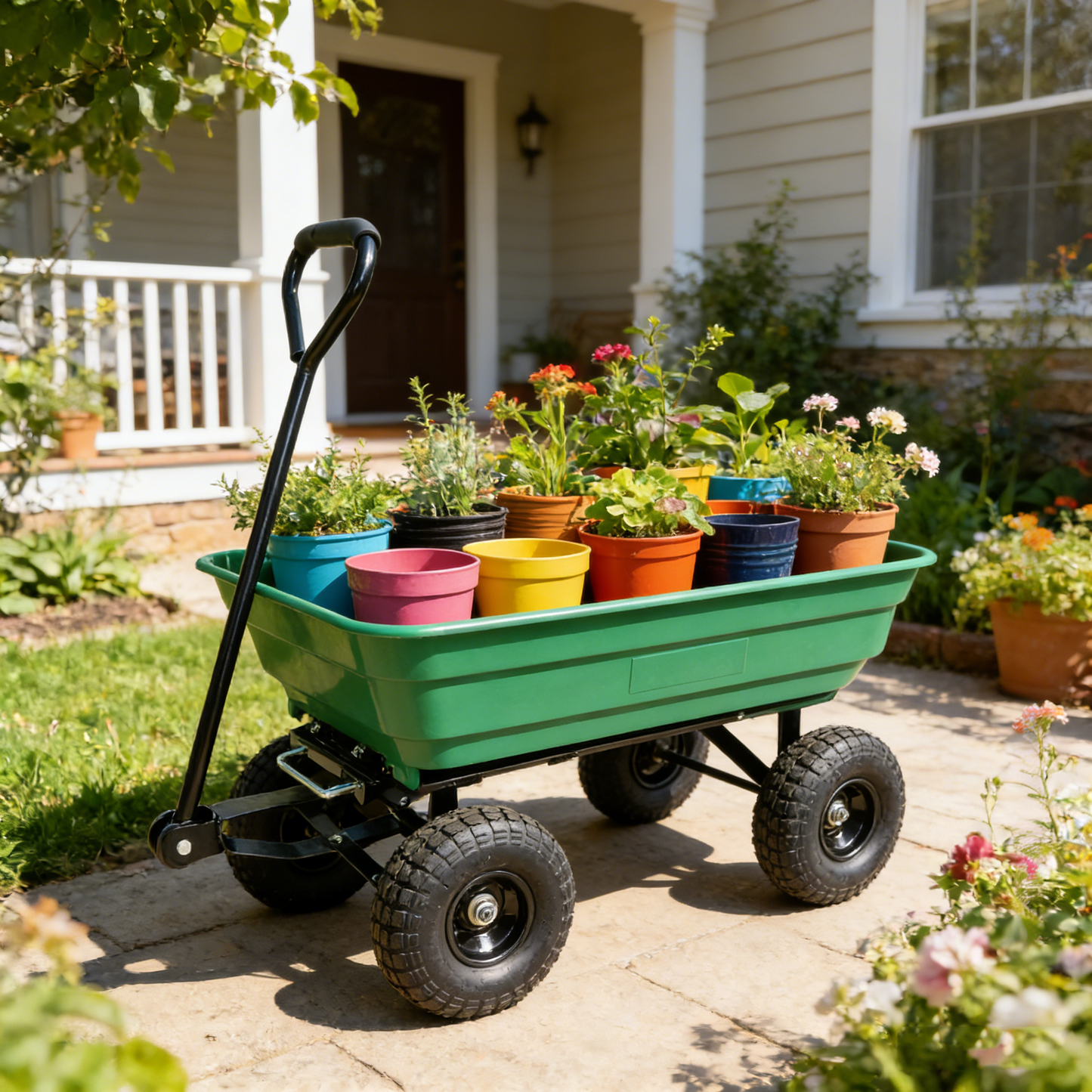 Folding car Poly Garden dump truck with steel frame, 10 inches. Pneumatic tire, 300 pound capacity, 75 liter truck body