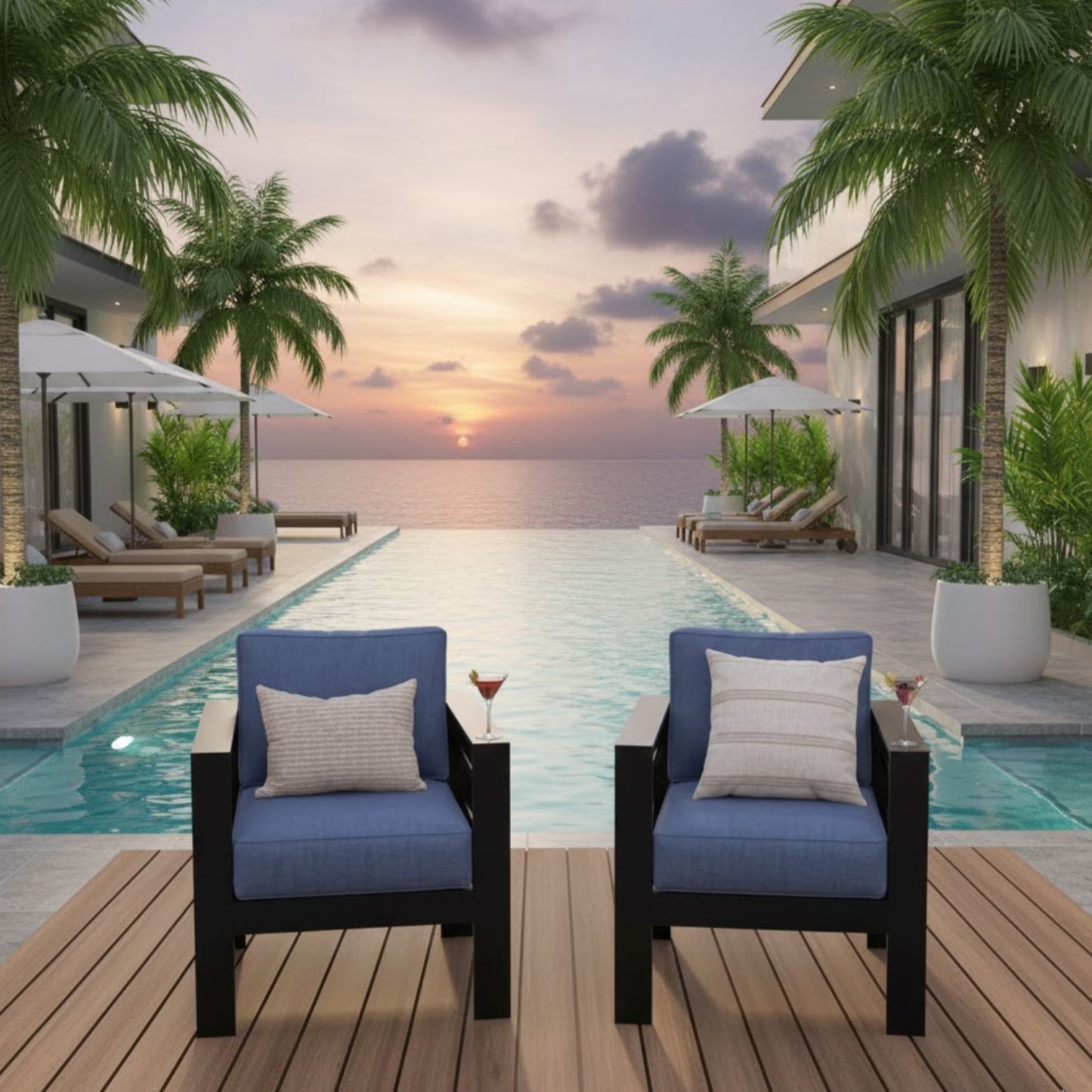 2-Pack 28" All-Weather Aluminum Patio Armchairs with Thick Blue Cushions & Black Frame