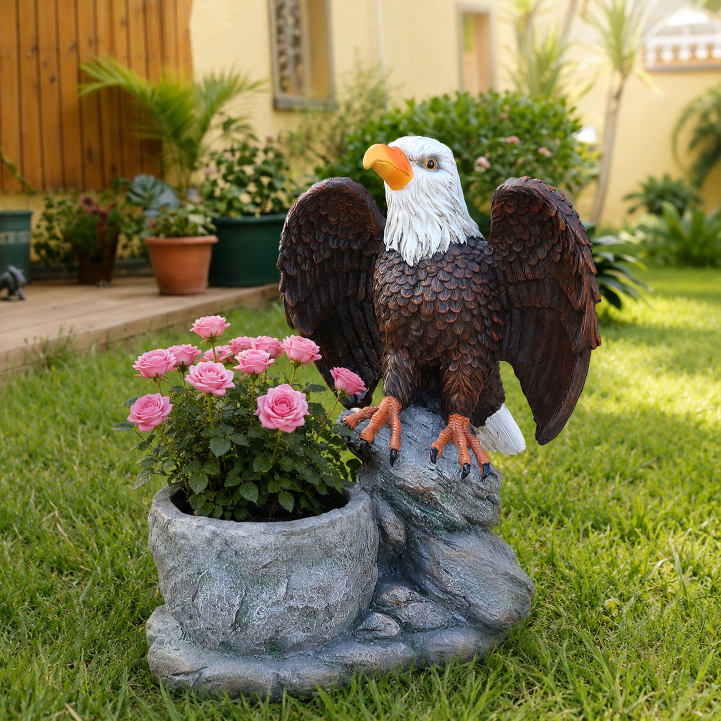 Standing Eagle Statue Garden Planter on Faux Stone Base - Rustic Wildlife Decorative Flower Pot for Outdoor Patio & Home Decor