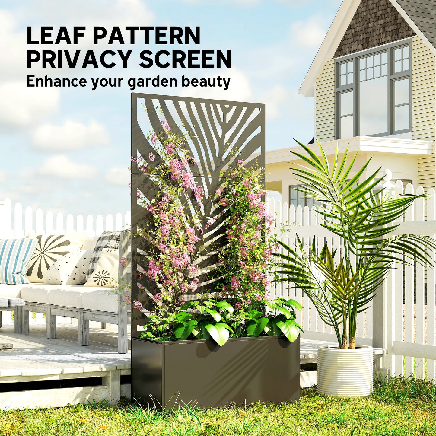 Outsunny Metal Planter Box with Trellis, Raised Garden Bed with Privacy Screen for Climbing Plants, Leaf Cut-Out Privacy Planter
