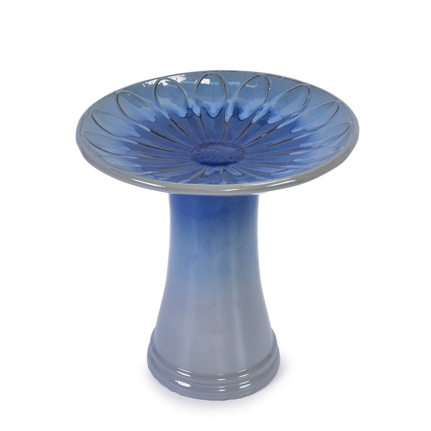 17'' Ceramic Bird Bath for Outside, Elegant Tall Outdoor Bird Bath, Lightweight Pedestal Glazed Birdbaths for Outdoors with floral Pattern, Blue Ombre