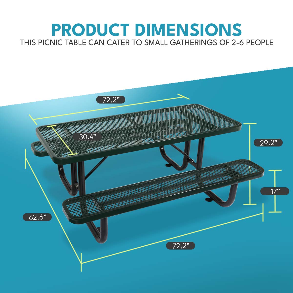 6 ft. Rectangular Outdoor Steel Picnic Table with umbrella pole in Green