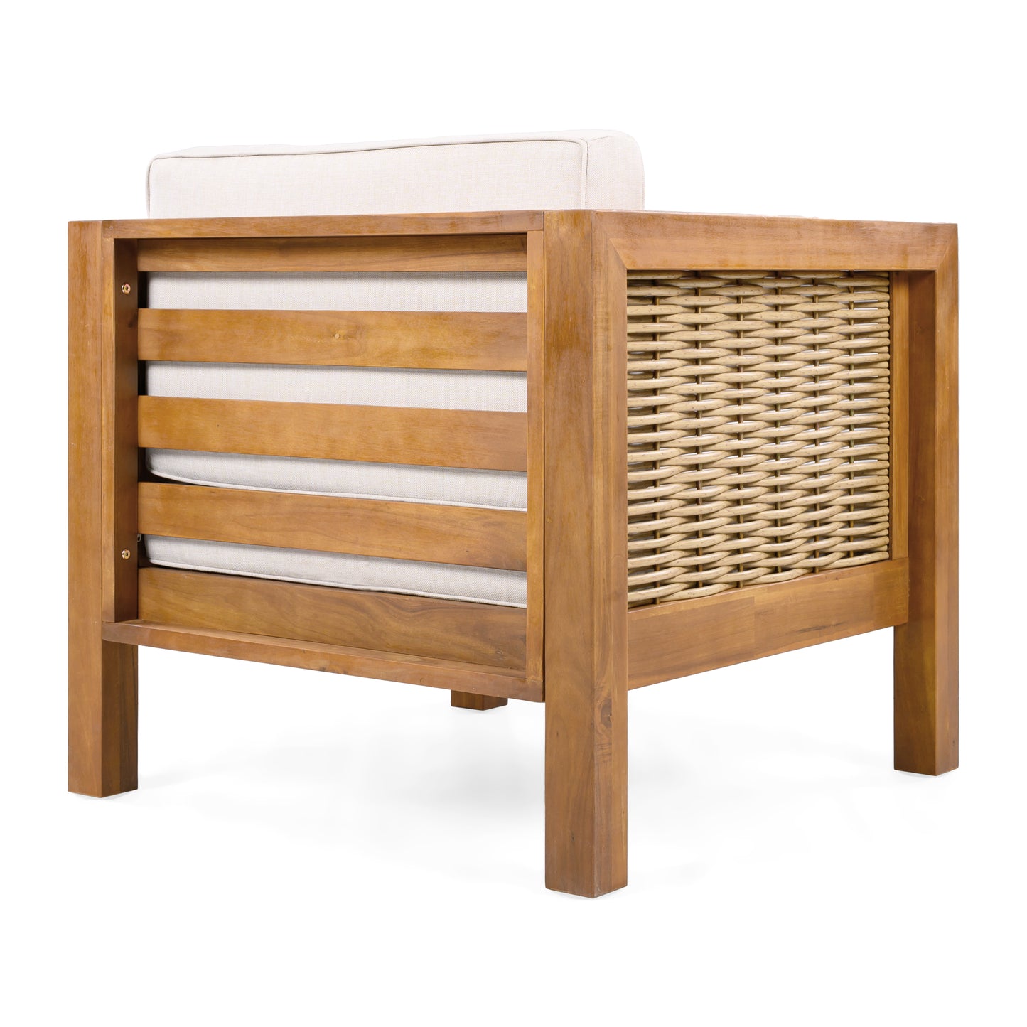Acacia Wood Outdoor Club Chair with Wicker Armrest and Beige Cushions,400 lbs Capacity