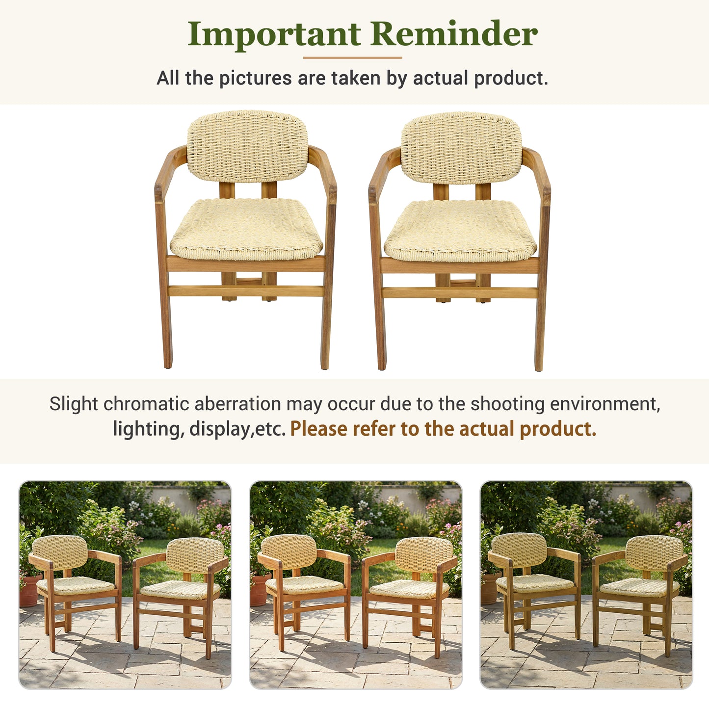 Outdoor Woven Rattan Chair Set Two Accent Chairs Stylish Outdoor Armchairs 2 Person Seating Group Ergonomic Garden Chairs for Patio, Outdoor, Teak Finish+Natural Rattan