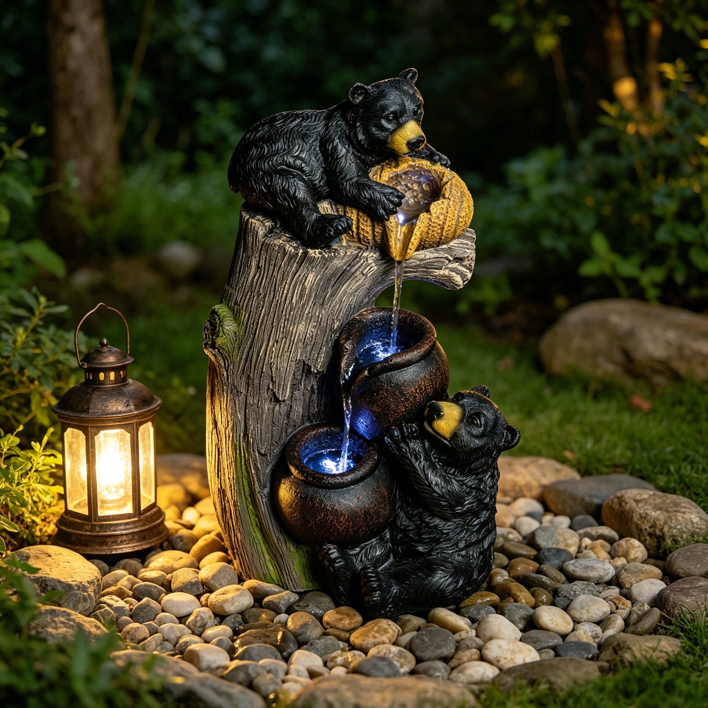 Bear Outdoor Water Fountain with LED Lights Cascading Fountains Outdoor for Patio Yard Balcony 23.62'' Garden Fountains Outdoor and Outdoor Water Fountain Decor
