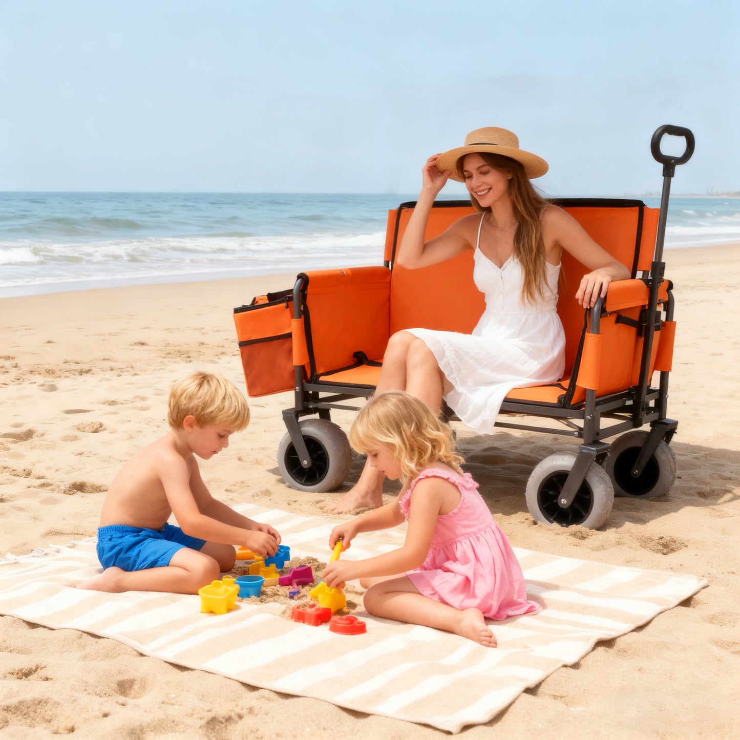 3-in-1 Folding Wagon with Bench Seat – patent protection, Includes 1 ice pack, 500lbs Capacity, 9"x4" Beach Tires for Camping & Beach, orange