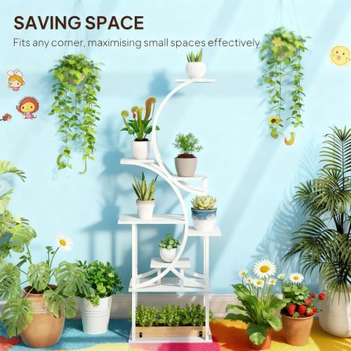 White 8-Tier Fir Wood Plant Stand, Metal Plant Rack, Indoor Outdoor Plant Shelf for Living Room, Balcony, Patio