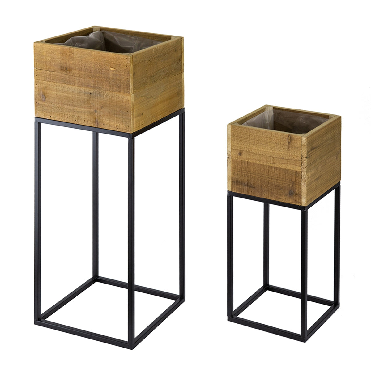 Set of 2 Reclaimed Wooden Box With Black Iron Stand, L:11x11x29.5" S:8.5x8.5x21.5"