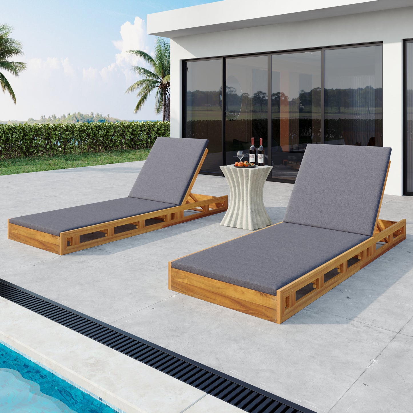 LOUNGE CHAISE SET,ACACIA WOOD WITH WATER-RESISTANT LOUNGE CUSHIONS (Dark Grey/ & 2 INCH THICK) - MATCHING CREAM/LEAF COCONUT VERSION AVAILABLE