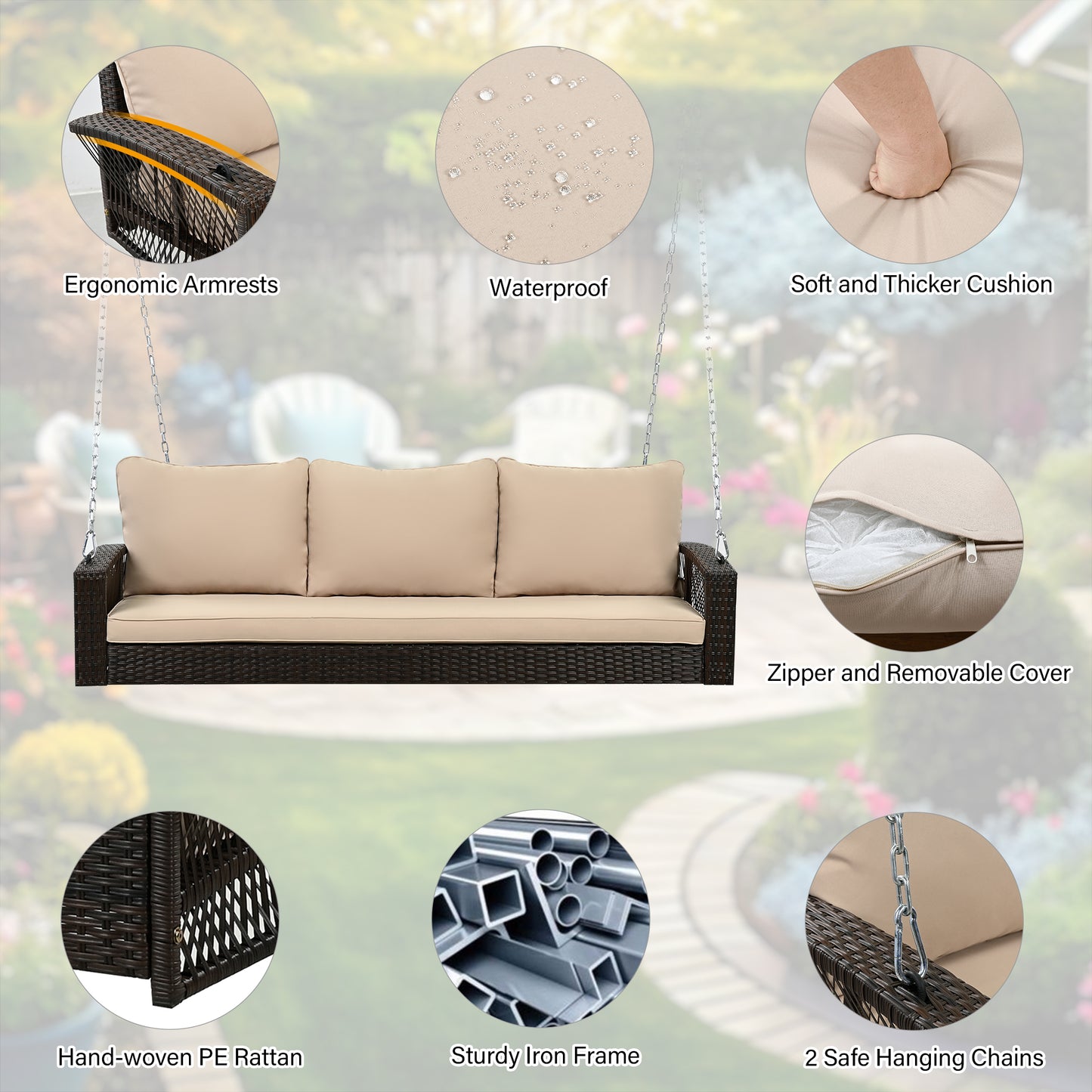 GO 69" PE Wicker 3-Person Porch Swing with Chains, Large Patio Swing Bench with Cushions for Backyard, Garden, and Poolside, Brown