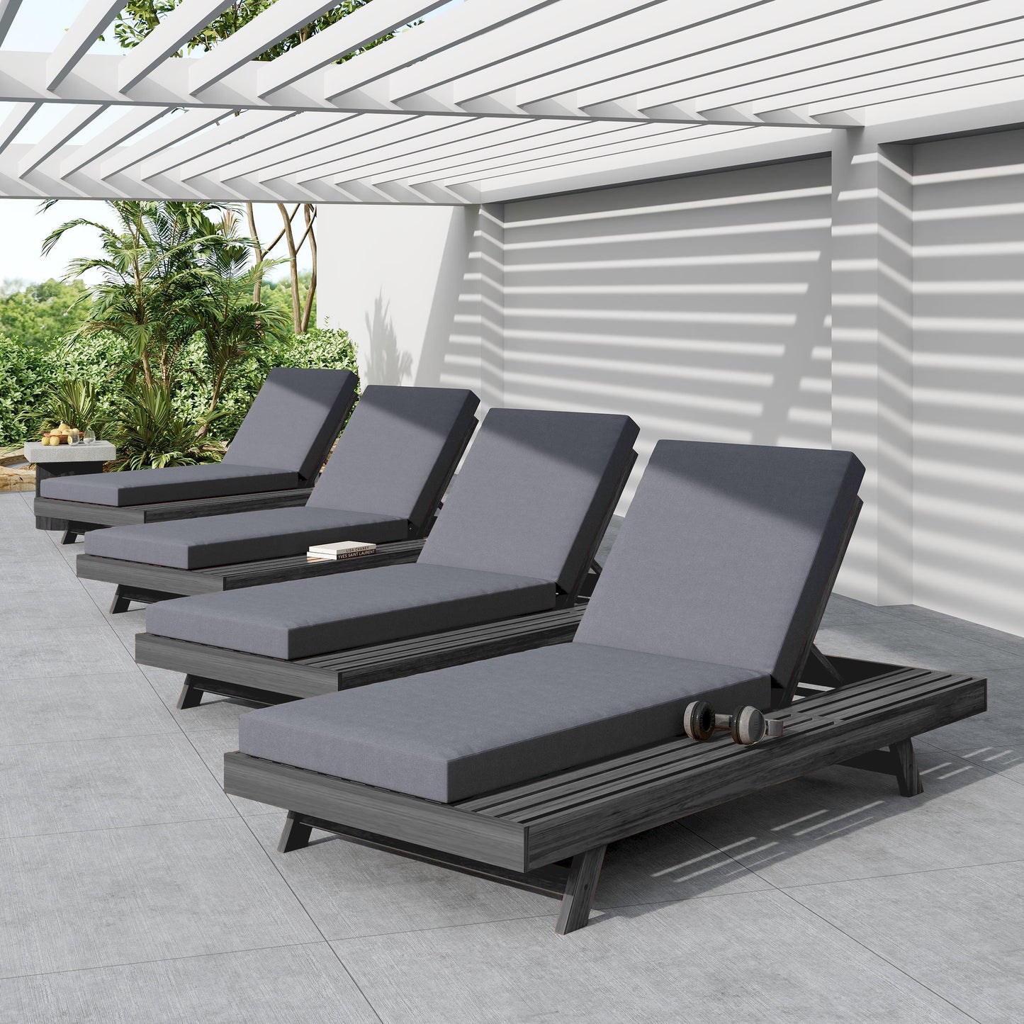 Lounge Chaise Set, Space Available On One Side, Acacia Wood In Black With Water-Resistant Lounge Cushions (Dark Grey & 4 Inch Thick) – Matching Cream Version Available