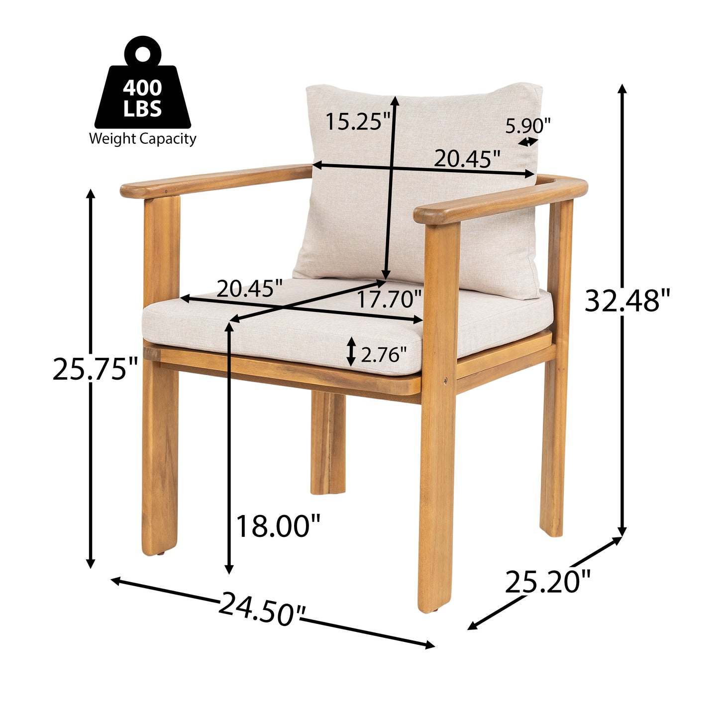 Kaja Outdoor Acacia Wood Dining Chair, Teak Finish Frame With Beige Cushion, Set of 2