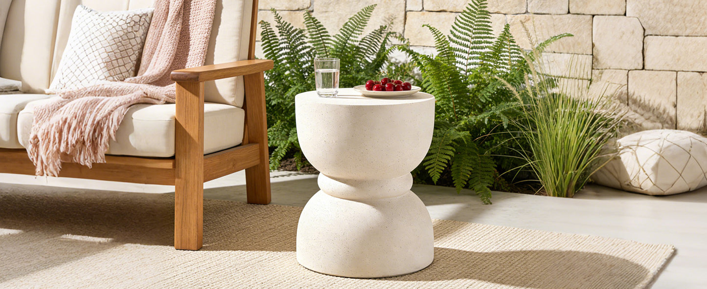 U_Style Outdoor Concrete Side Table,Rounded Waist Outdoor End Tables, Decorative Garden Stools for Indoor Outdoor With Imitation Natural Stone Texture Patio Accent Side Table