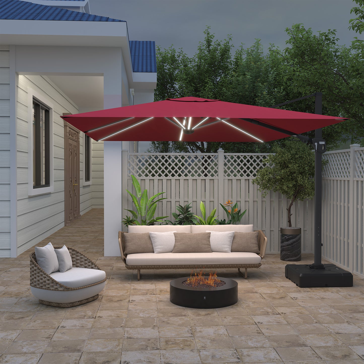 11FT Square Cantilever Patio Umbrella with LED Light in Red (without Umbrella Base)