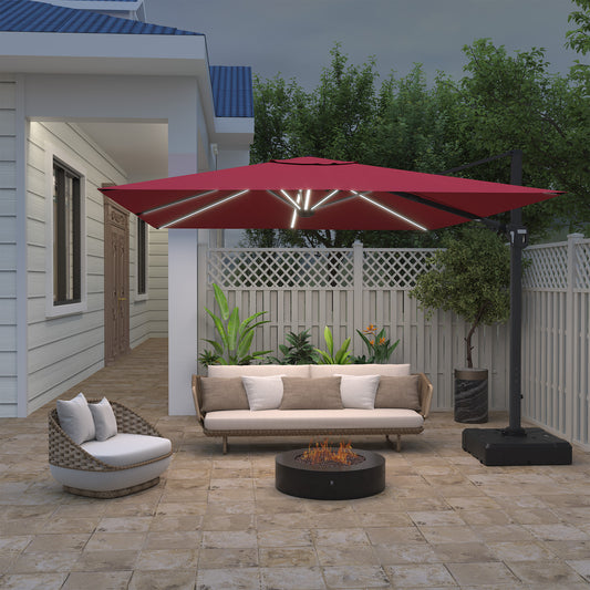 11FT Square Cantilever Patio Umbrella with LED Light in Red (without Umbrella Base)