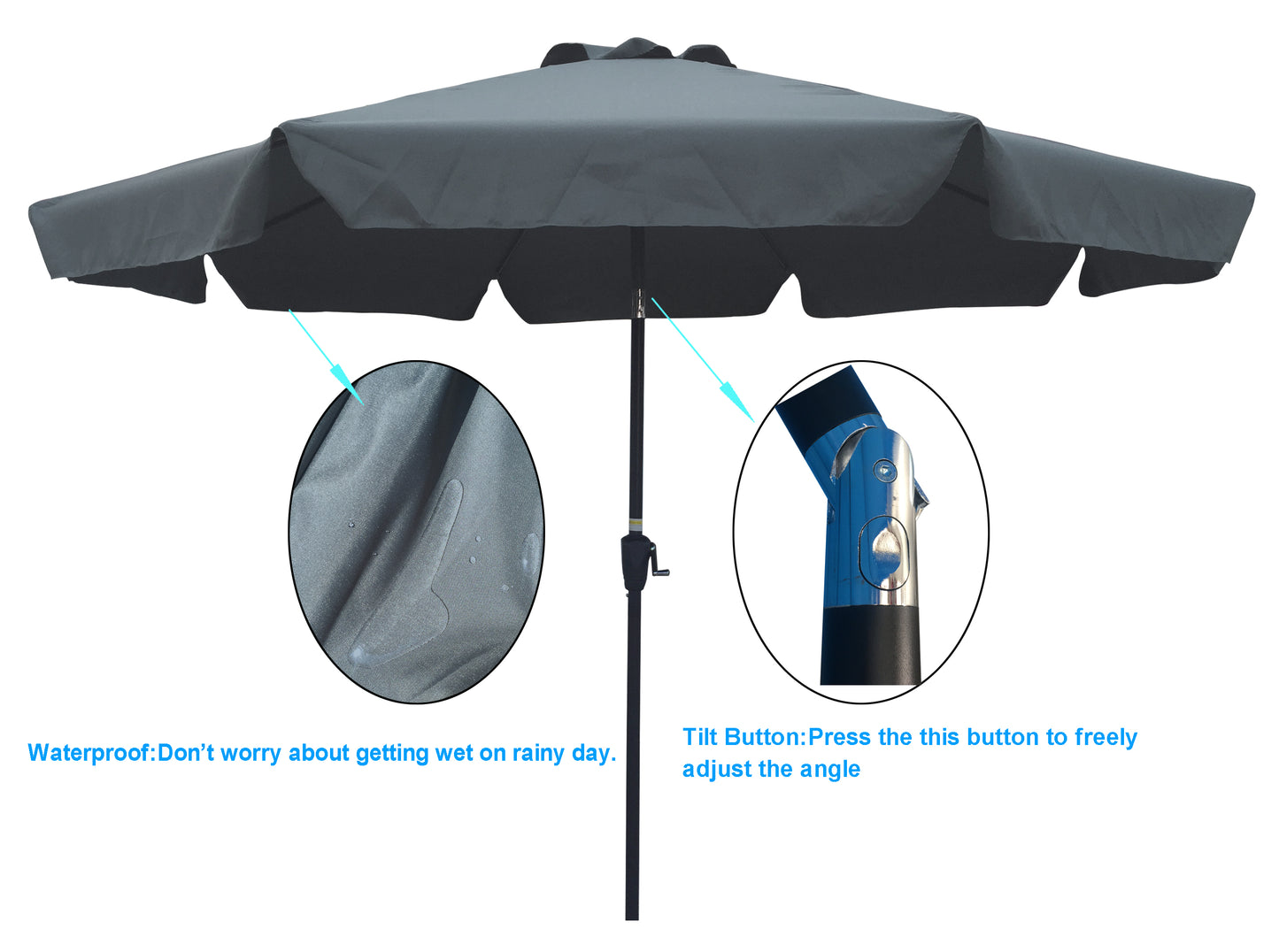 Outdoor Patio Umbrella 10FT(3m)  WITH FLAP ,8pcs ribs,with tilt ,with crank,without base, grey/Anthracite,pole size 38mm(1.49inch)