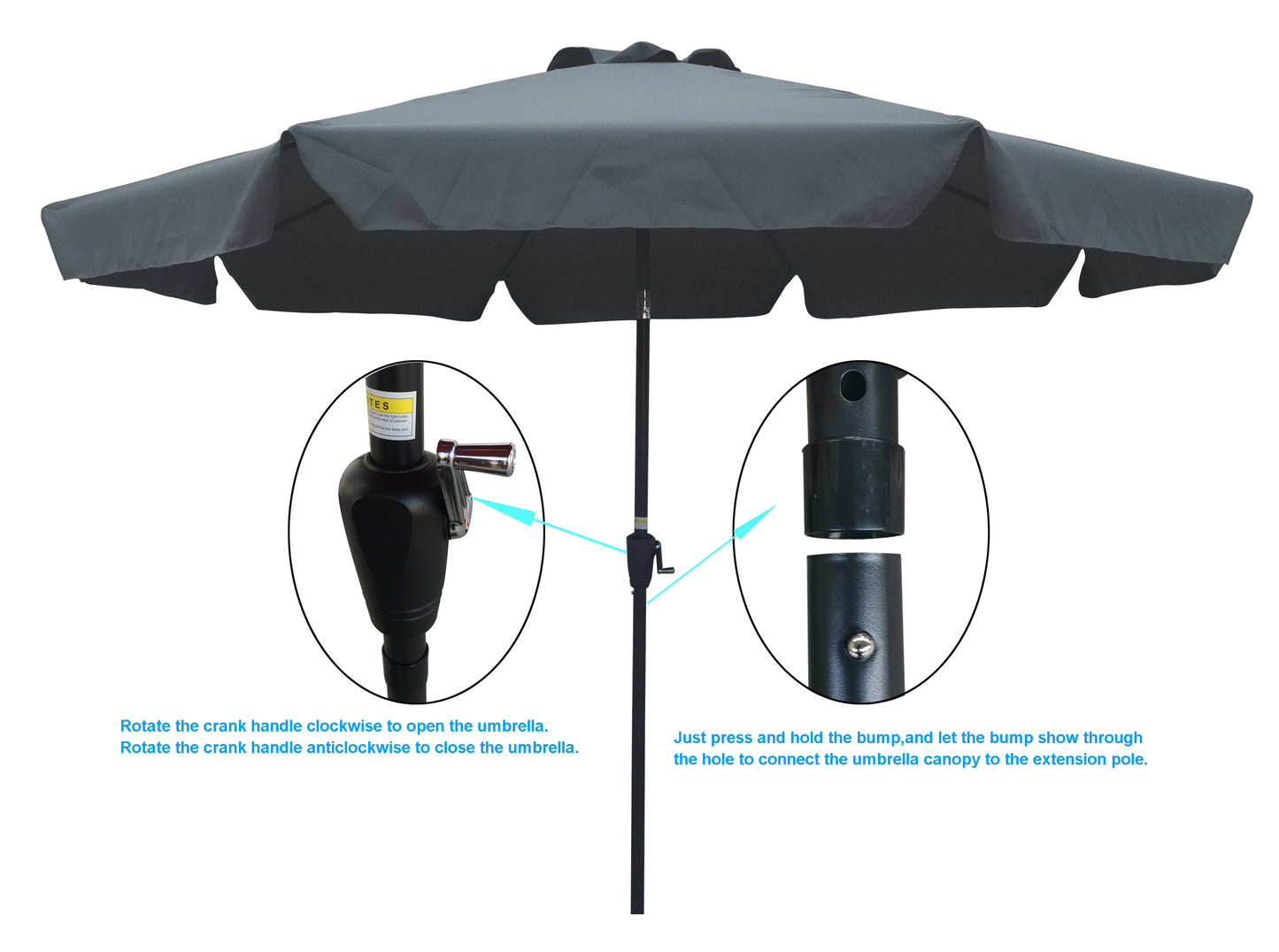 Outdoor Patio Umbrella 10FT(3m)  WITH FLAP ,8pcs ribs,with tilt ,with crank,without base, grey/Anthracite,pole size 38mm(1.49inch)