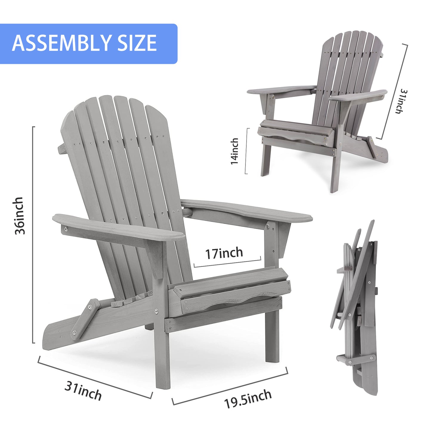 Wood Lounge Patio Chair for Garden Outdoor Wooden Folding Adirondack Chair Set of 2 Solid Wood Lounge Patio Chair for Garden, Lawn, Backyard,