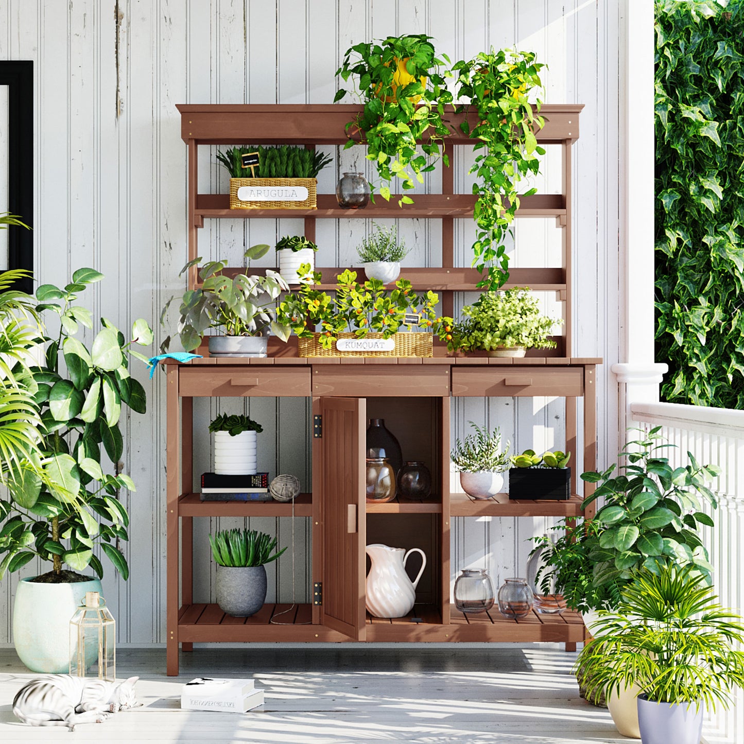 50 in. W x 66 in. H Brown Outdoor Farmhouse Fir Wood Garden Potting Bench Table with Drawers and Cabinet