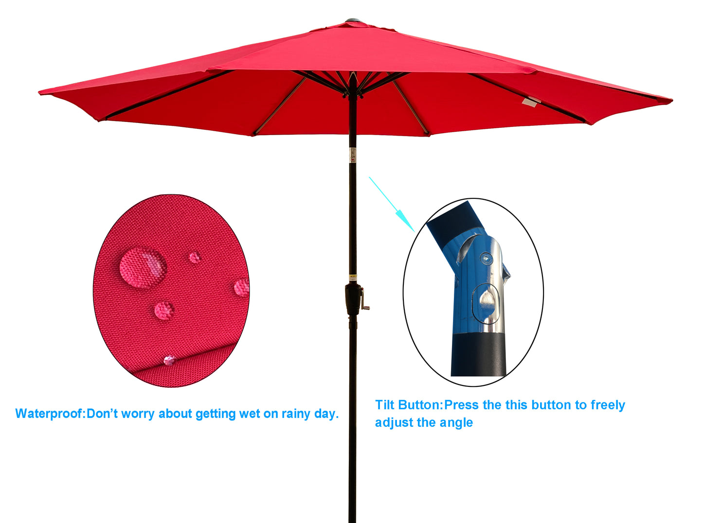 Outdoor Patio Umbrella 10FT(3m)  WITHOUT FLAP ,8pcs ribs,with tilt ,with crank,without base, Red,pole size 38mm(1.49inch)