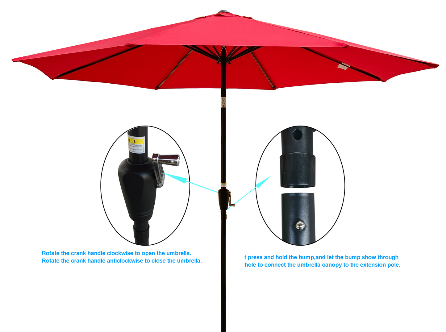 Outdoor Patio Umbrella 10FT(3m)  WITHOUT FLAP ,8pcs ribs,with tilt ,with crank,without base, Red,pole size 38mm(1.49inch)