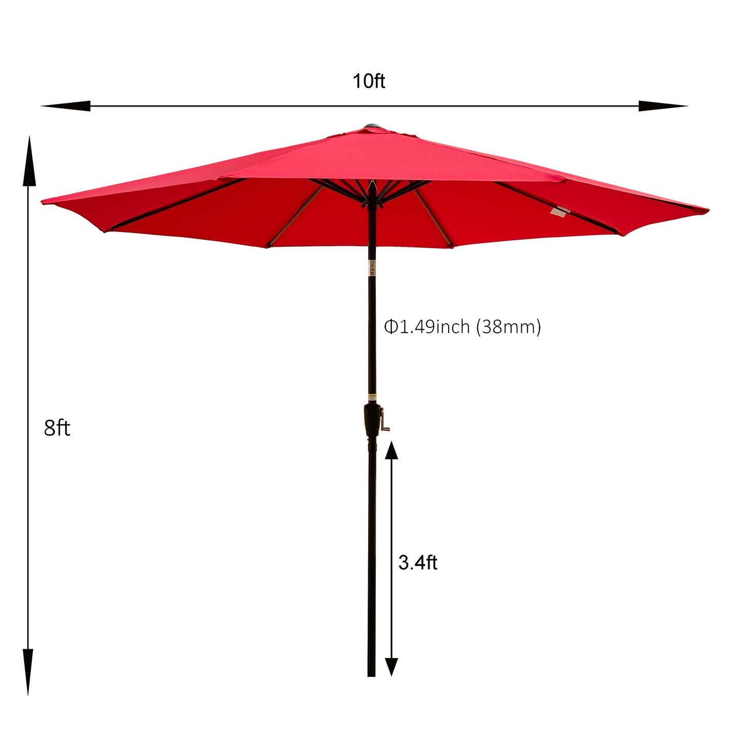 Outdoor Patio Umbrella 10FT(3m)  WITHOUT FLAP ,8pcs ribs,with tilt ,with crank,without base, Red,pole size 38mm(1.49inch)