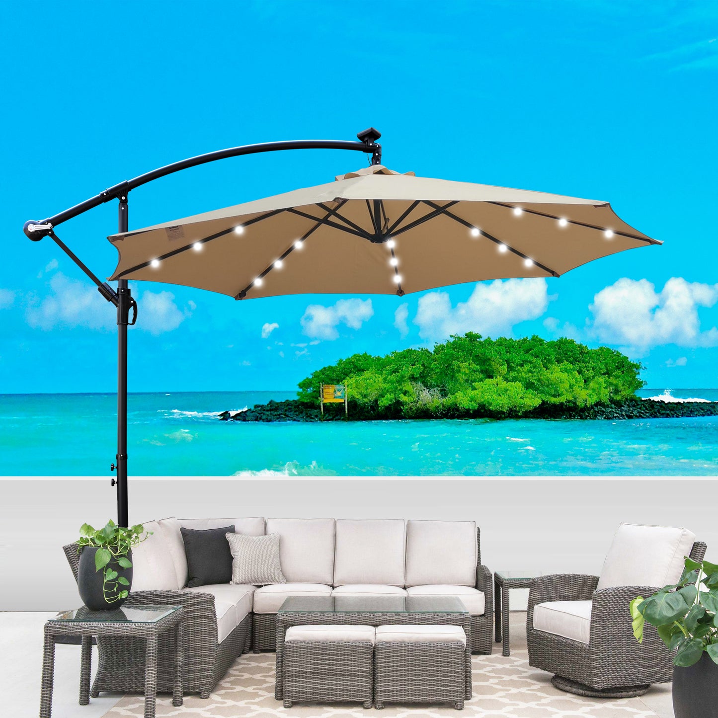 Tan 10 ft Outdoor Patio Umbrella Solar Powered LED Lighted Sun Shade Market Waterproof 8 Ribs Umbrella with Crank and Cross Base for Garden Deck Backyard Pool Shade Outside Deck Swimming Pool