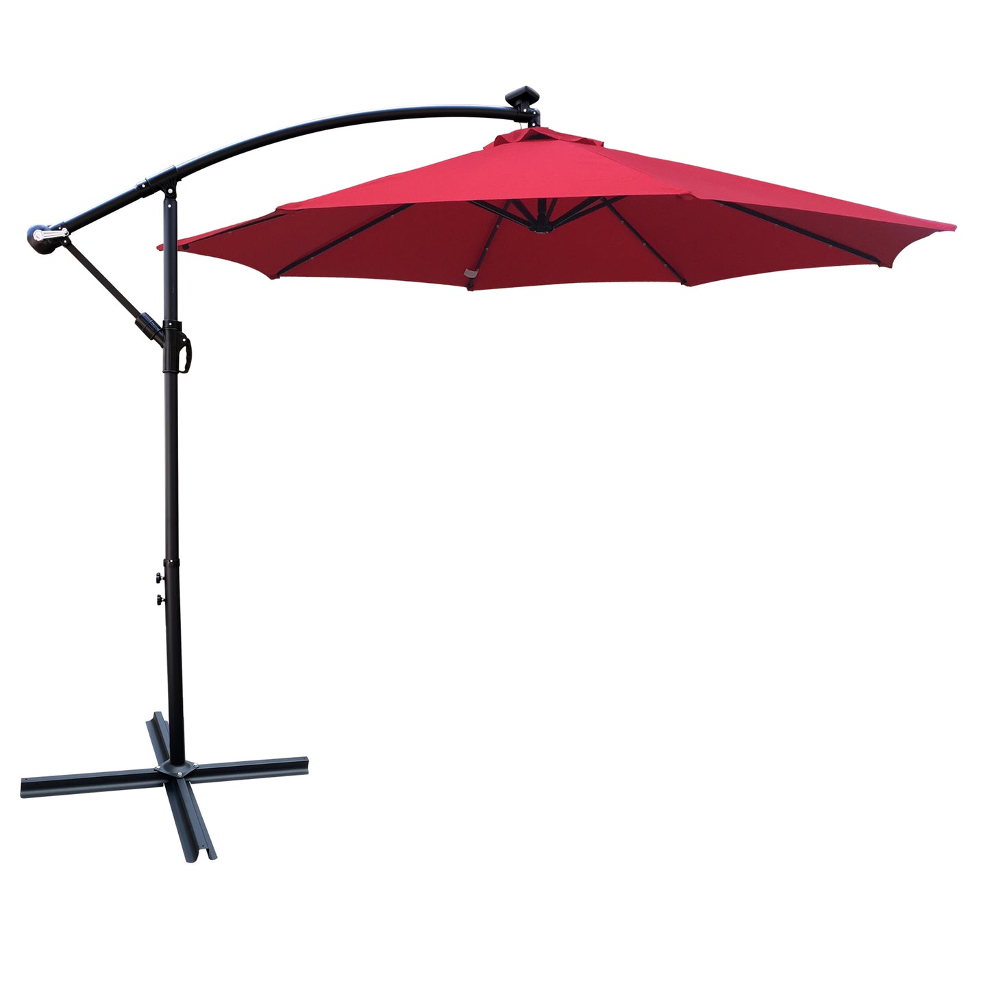 10 ft Outdoor Patio Umbrella Solar Powered LED Lighted 8 Ribs Umbrella with Crank and Cross Base for Garden  Outside Deck Swimming Pool